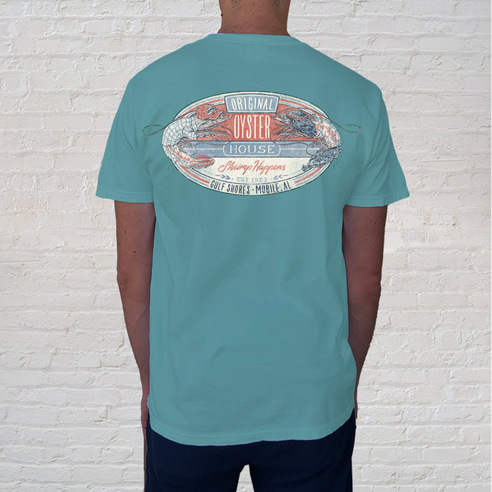 Back of Tee: This beautifully executed vintage illustration honors the life happens idiom with our version. Shrimp Happens Seafoam Tee combines a midcentury design with some trendy colors of today. 