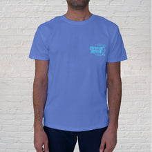 Load image into Gallery viewer, Airbrush Palms Flo Blue front of tee: features the front design branded with the Original Oyster House logo.
