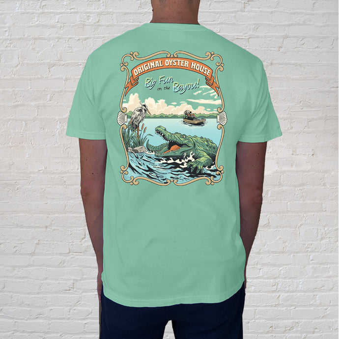 The back of the Bayou Airboat Island Reef t-shirt is a reminder of the intimate airboat tours that reveal nature's hidden wonders.