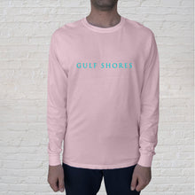 Load image into Gallery viewer, Front of Tshirt: The Gulf Shores front imprint on a Blossom Comfort Color long sleeve t-shirt is one of our best selling tees. Gulf Shores runs across the front.
