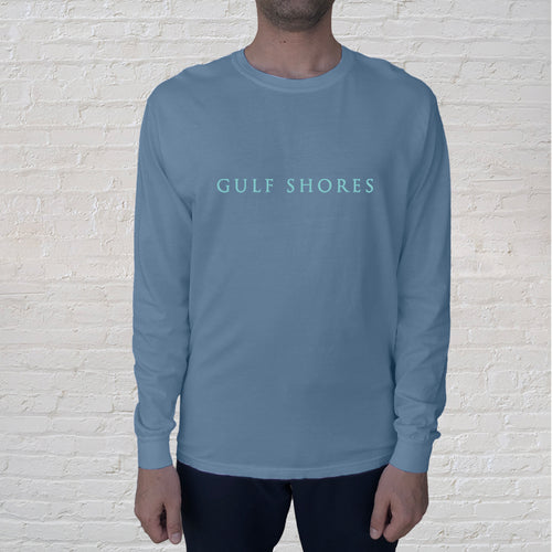 Front of Tee: The Gulf Shores front imprint on a Blue Jean Comfort Color long sleeve t-shirt is one of our best selling tees. The back of the t-shirt is branded with the Original Oyster House logo.