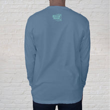 Load image into Gallery viewer, Back of Tee: The Gulf Shores front imprint on a Blue Jean Comfort Color long sleeve t-shirt is one of our best selling tees. The back of the t-shirt is branded with the Original Oyster House logo.
