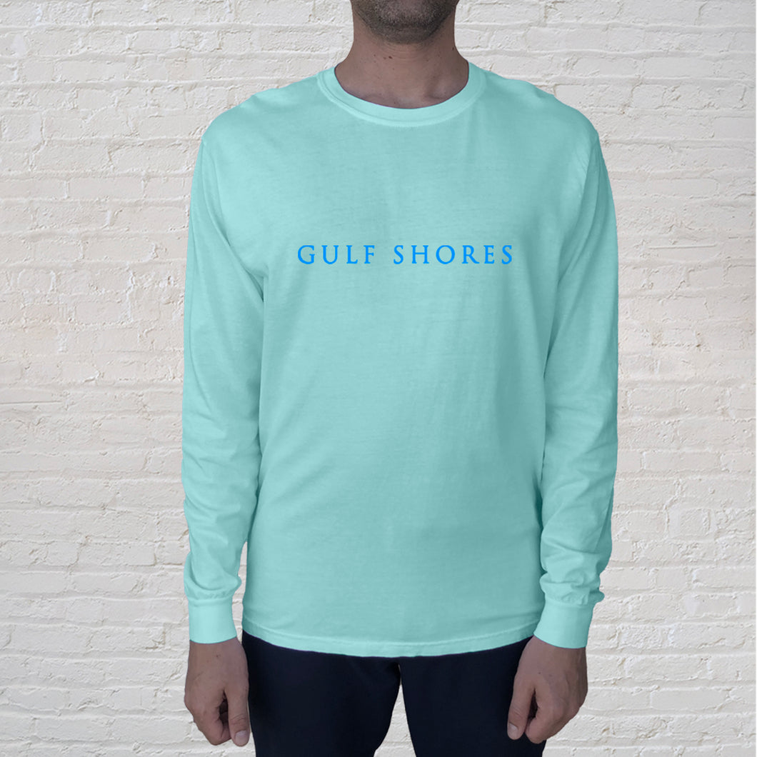 Front of Tee: The Gulf Shores front imprint on a Chalky Mint Comfort Color long sleeve t-shirt is one of our best selling tees. The back of the t-shirt is branded with the Original Oyster House logo.