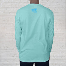 Load image into Gallery viewer, Back of Tee: The Gulf Shores front imprint on a Chalky Mint Comfort Color long sleeve t-shirt is one of our best selling tees. The back of the t-shirt is branded with the Original Oyster House logo.

