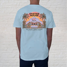 Load image into Gallery viewer, The back of the Colorful Building Chambray t-shirt evokes the charm of a memorable vacation meal at your favorite restaurant.
