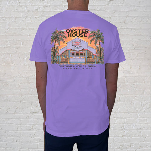 The Colorful Building Violet t-shirt back design evokes the charm of a memorable vacation meal at your favorite restaurant. 