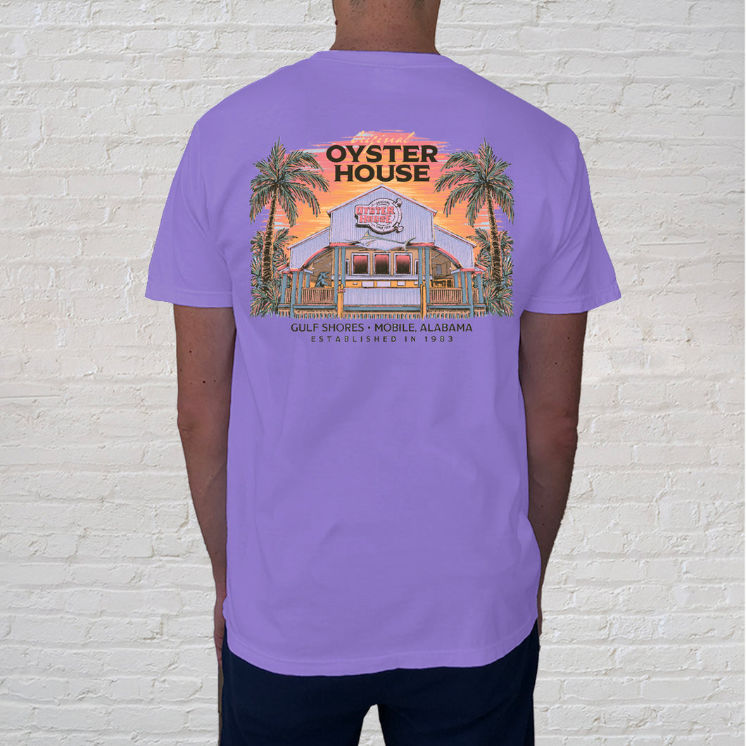 The Colorful Building Violet t-shirt back design evokes the charm of a memorable vacation meal at your favorite restaurant. 