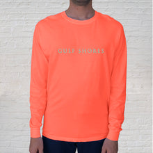 Load image into Gallery viewer, Bright Salmon Comfort Color long sleeve tee with Gulf Shores across the front.
