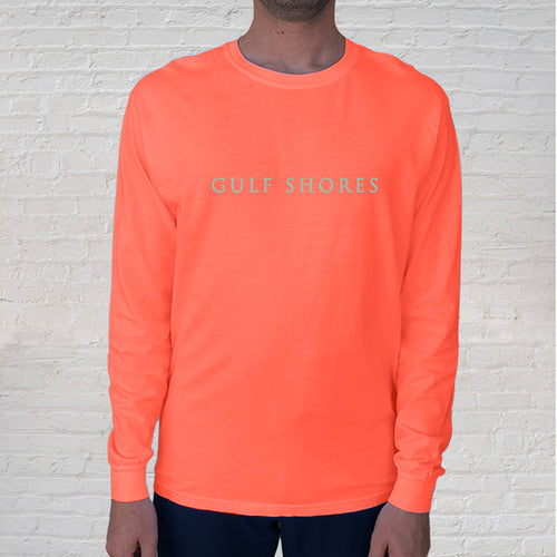 Bright Salmon Comfort Color long sleeve tee with Gulf Shores across the front.