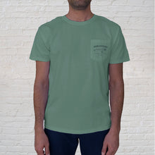 Load image into Gallery viewer, Fishing Gator Light Green Tee front:  features the front pocket design branded with the Original Oyster House.
