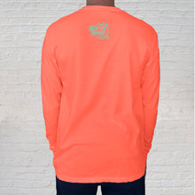 Load image into Gallery viewer, Bright Salmon Comfort Color, long sleeve tee with the Original Oyster House logo on back.
