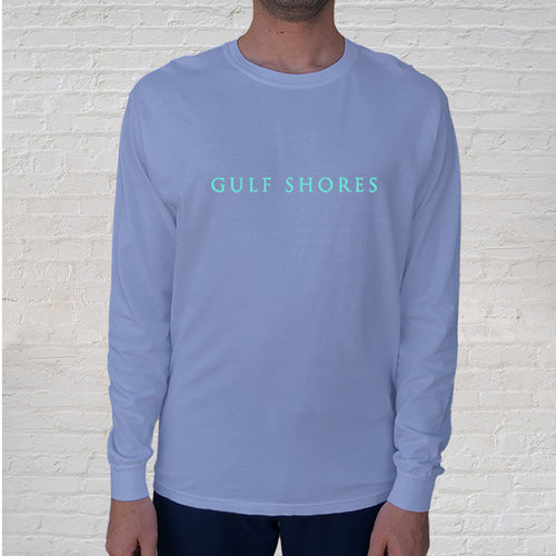 The Gulf Shores front imprint on a Washed Denim Comfort Color long sleeve t-shirt is one of our best sellers. 