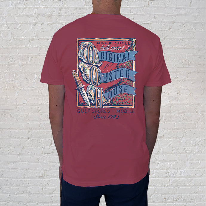 Front of Tee: Nothing's better to experience on the Gulf Coast than oysters on the half shell. Whether you like them with cocktail sauce or spicy tabasco, raw oysters captures the briny flavors of the Gulf. Nicely illustrated with a backdrop of beautiful crimson, The Half Shell Crimson tee is great souvenir for beach goers or travelers to the deep South.