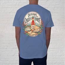 Load image into Gallery viewer, Back: The Hot Sauce Blue Jean t-shirt is a great design for the hot sauce  connoisseur. And if you love oysters on the half shell, spicing up this delicacy is a Southern tradition. The stunning illustration is striking and has become a local favorite design. 
