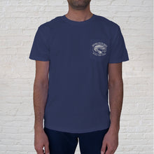 Load image into Gallery viewer, Marlin Lure Midnight front of tee features the front pocket design branded with the Original Oyster House.
