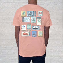 Load image into Gallery viewer, Back of Tee: Match Books Peachy features a curated lineup of vintage-inspired matchbooks, each illustrated with charming drawings. A little nostalgic, a little coastal and oysterific, this tee is a nod to seaside nights, salt air and a Gulf Coast small town you never want to leave.
