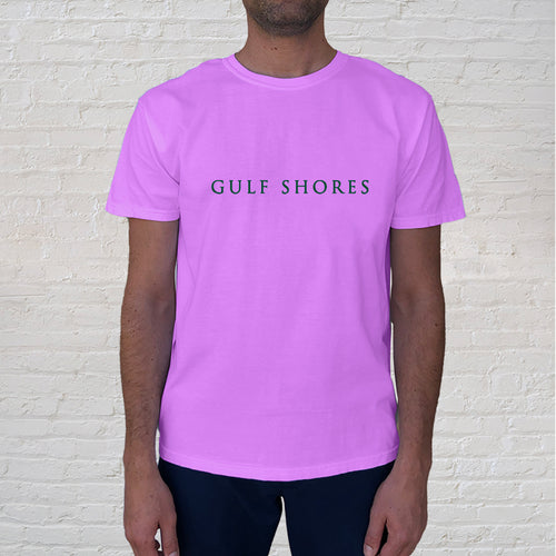 A year-round attraction, Gulf Shores features sugar-white sand beaches, turquoise waters, and stunning sunsets. The Gulf Shores front imprint on a Neon Violet Comfort Color short sleeve t-shirt is one of our best selling tees.