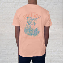 Load image into Gallery viewer, Overboard Tee back design in Peach, featuring a leaping sailfish, is a perfect memento for anglers and Gulf Shores visitors.
