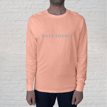 Load image into Gallery viewer, The Gulf Shores front imprint on a Peachy Comfort Color long sleeve t-shirt is one of our best selling tees. The back of the t-shirt is branded with the Original Oyster House logo.
