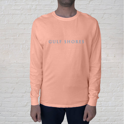 The Gulf Shores front imprint on a Peachy Comfort Color long sleeve t-shirt is one of our best selling tees. The back of the t-shirt is branded with the Original Oyster House logo.