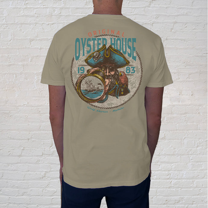 Back of Tee: Ahoy Matey! Come join the fun of this Gulf Coast adventure with a sea pirate, our favorite parrot and a treasure map. The Shipwreck Sandsone is a great find for anyone who's adventurous and loves pirates.