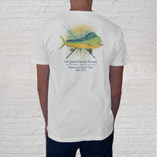 Load image into Gallery viewer, The back of the Vintage Catch White tee is a treasured souvenir of your Gulf Coast visit. This captivating Mahi Mahi illustration, featuring a vintage map and compass, will reel you in to good times. 
