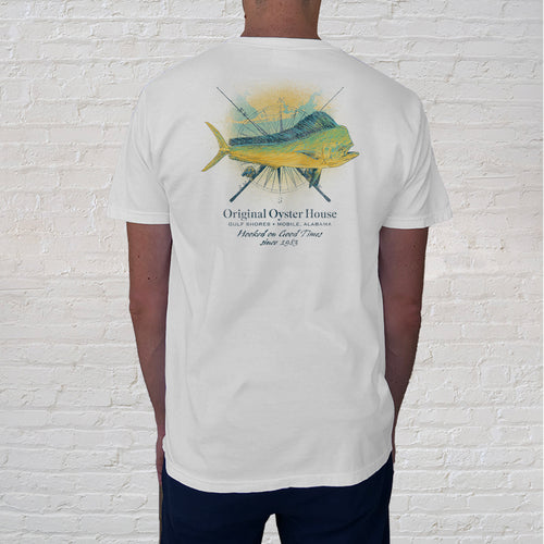 The back of the Vintage Catch White tee is a treasured souvenir of your Gulf Coast visit. This captivating Mahi Mahi illustration, featuring a vintage map and compass, will reel you in to good times. 