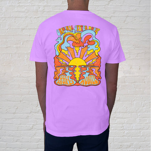 The back of the Vintage Sun Neon Violet tee's retro style captures groovy sunset vibes along the waterfront.