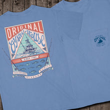 Load image into Gallery viewer, Front &amp; Back Design: The beautifully illustrated charter boat design spotlights the fish you may encounter while enjoying a relaxing deep sea fishing adventure. This limited edition, collectible t-shirt features the front pocket design branded with the Original Oyster House logo and a charter boat graphic.
