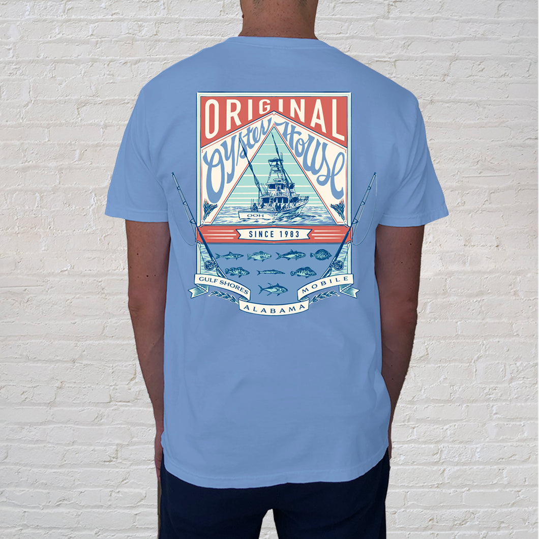 Back of t-shirt design | The Deep Sea Charter t-shirt is a favorite keepsake of your beach vacation. The Gulf is known for some of the best deep sea fishing. This beautifully illustrated charter boat design also spotlights the fish you may encounter while enjoying a relaxing deep sea fishing adventure.