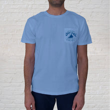 Load image into Gallery viewer, Front of t-shirt design | This limited edition, collectible t-shirt features the front pocket design branded with the Original Oyster House logo and a charter boat graphic.  Each Washed Denim Comfort Color pocket-tee is prewashed, preshrunk, super-soft, and made of 100% ring-spun cotton. 
