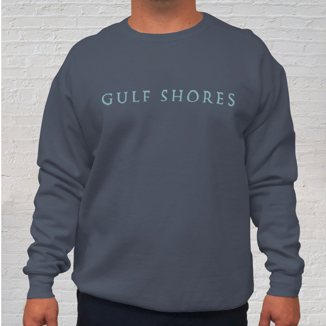 Front: A popular beach product includes our Gulf Shores imprinted on a long sleeve, super-soft, Comfort Color sweatshirt. The back of the sweatshirt is branded with the Original Oyster House logo.  Each Denim Comfort Color crewneck sweatshirt is made of 100% ring-spun cotton. The dye process enhances its spectacular color while being extremely comfortable.