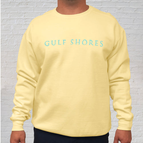 The butter yellow Comfort Color crewneck sweatshirt is made of 100% ring-spun cotton. Gulf Shores is imprinted in magenta on the front. This popular beach destination has a warm, humid climate tempered by sea breezes during the summer months and near-perfect 70 degrees in November. Front Gulf Shores View.