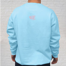 Load image into Gallery viewer, The light blue Comfort Color crewneck sweatshirt is made of 100% ring-spun cotton. Gulf Shores is imprinted in magenta on the front. This popular beach destination has a warm, humid climate tempered by sea breezes during the summer months and near-perfect 70 degrees in November. Back logo view.
