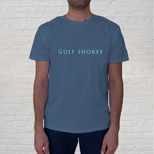 A year-round attraction, Gulf Shores features sugar-white sand beaches, turquoise waters, and stunning sunsets. The Gulf Shores front imprint on a short-sleeve  Blue Denim Comfort Color short sleeve t-shirt is one of our best selling tees. Front Gulf Shores View. 