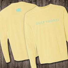 Load image into Gallery viewer, The butter yellow Comfort Color crewneck sweatshirt is made of 100% ring-spun cotton. Gulf Shores is imprinted in magenta on the front. This popular beach destination has a warm, humid climate tempered by sea breezes during the summer months and near-perfect 70 degrees in November. Front &amp; Back View.
