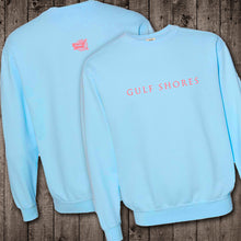 Load image into Gallery viewer, The light blue Comfort Color crewneck sweatshirt is made of 100% ring-spun cotton. Gulf Shores is imprinted in magenta on the front. This popular beach destination has a warm, humid climate tempered by sea breezes during the summer months and near-perfect 70 degrees in November. Front and Back View.
