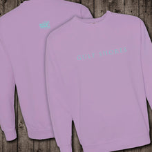 Load image into Gallery viewer, The Orchid Comfort Color crewneck sweatshirt is made of 100% ring-spun cotton. Gulf Shores is imprinted in magenta on the front. This popular beach destination has a warm, humid climate tempered by sea breezes during the summer months and near-perfect 70 degrees in November. Front &amp; Back View.
