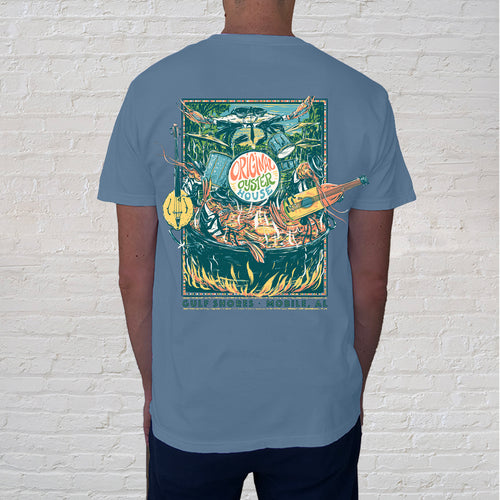 Gumbo Band Tee: Everyone who visits the Gulf Coast can attest that seafood Gumbo is the must have. Gumbo’s complex flavors come from a combination of seafood, seasoned rue and vegetables. The Gumbo Band tee celebrates seafood gumbo in this colorful design with musical crab and shrimp in a caldron over an open fire. 