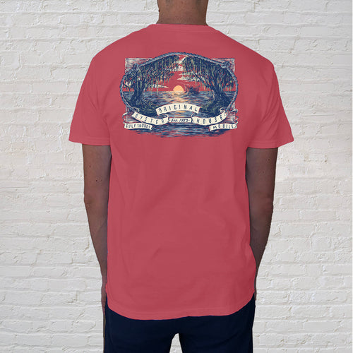 Live Oak Crimson Back of T-shirt: Featuring majestic live oaks during sunset with a shrimp boat off in the horizon, this collectible crimson t-shirt captures the magnificence of the South. Illustrated in a retro design with vintage banners, the colorful tee tells the laid back tale of life on the Southern Gulf Coast. 