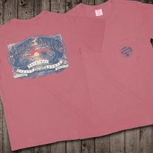 Load image into Gallery viewer, Live Oak Crimson Front &amp; Back: Featuring majestic live oaks during sunset with a shrimp boat off in the horizon, this collectible crimson t-shirt captures the magnificence of the South. Illustrated in a retro design with vintage banners, the colorful tee tells the laid back tale of life on the Southern Gulf Coast. 
