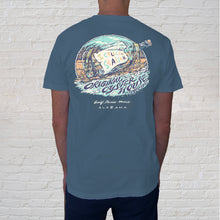 Load image into Gallery viewer, Back of denim t-shirt | This rustic but funky designed tee pokes fun at a message in a bottle. The calling in seasick graphic captures the movement and energy of Gulf waves while the coastal colors will call you back to the beach.
