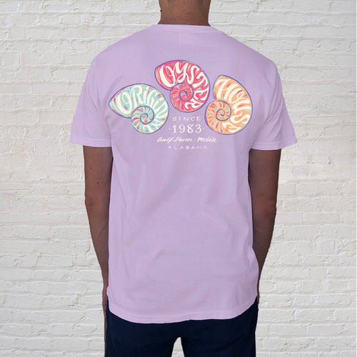 Back of t-shirt design | Shelling is one of the popular activities while walking on the white sands of Gulf Shores and Orange beaches. It is captivating for children and adults alike especially finding that perfect shell, a special keepsake of your beach getaway.  The Shelling on Orchid tee beautifully illustrates colorful nautilus shells.