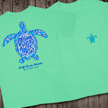 Load image into Gallery viewer, Front &amp; Back of the Stain Glass Turtle Collectible t-shirt design with a front pocket branded Original Oyster House on turtle graphic. 
