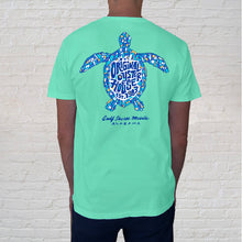 Load image into Gallery viewer, Back of T-shirt design | With only 60 miles of Alabama shoreline, our beaches are major nesting ground for endangered sea turtles. Loggerhead, Kemp&#39;s ridley, and green turtles make their way each year from May to October to lay their eggs. The Stain Glass Sea Turtle celebrates these  ancient reptiles. 
