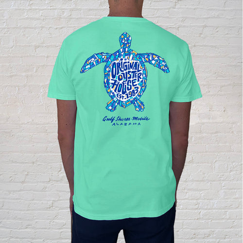 Back of T-shirt design | With only 60 miles of Alabama shoreline, our beaches are major nesting ground for endangered sea turtles. Loggerhead, Kemp's ridley, and green turtles make their way each year from May to October to lay their eggs. The Stain Glass Sea Turtle celebrates these  ancient reptiles. 