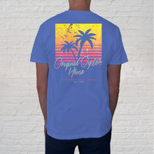 Load image into Gallery viewer, With vivid colors, simplistic graphics and palm tree vignettes, this stunning blue short-sleeved comfort color tee celebrates family or friends beach vacation. Back graphic view.
