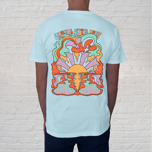 Back of Tee: Vintage Sun Chambray flashes back to the sixties when flower power ruled and music festivals were the rage. This tee is for any fun-loving beach goer, walking barefoot in the sand, collecting shells and watching the sunset. The fun lettering and subtle psychedelic imagery will complement your unique style. Back of Tee.
