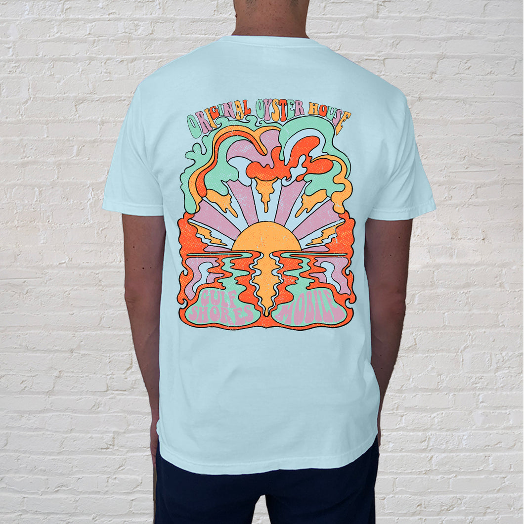 Back of Tee: Vintage Sun Chambray flashes back to the sixties when flower power ruled and music festivals were the rage. This tee is for any fun-loving beach goer, walking barefoot in the sand, collecting shells and watching the sunset. The fun lettering and subtle psychedelic imagery will complement your unique style. Back of Tee.