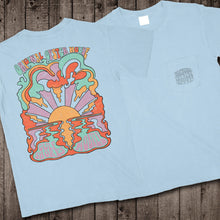 Load image into Gallery viewer, Back &amp; Front of Tee: Vintage Sun Chambray flashes back to the sixties when flower power ruled and music festivals were the rage. This tee is for any fun-loving beach goer, walking barefoot in the sand, collecting shells and watching the sunset. The fun lettering and subtle psychedelic imagery will complement your unique style. 
